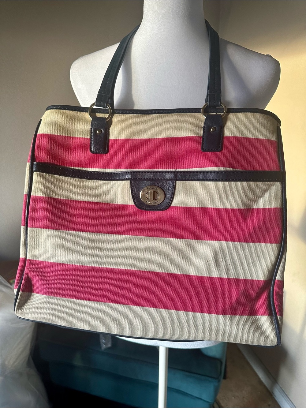 Tommy Hilfiger Pink and Cream Striped Canvas Tote with Dark Trim